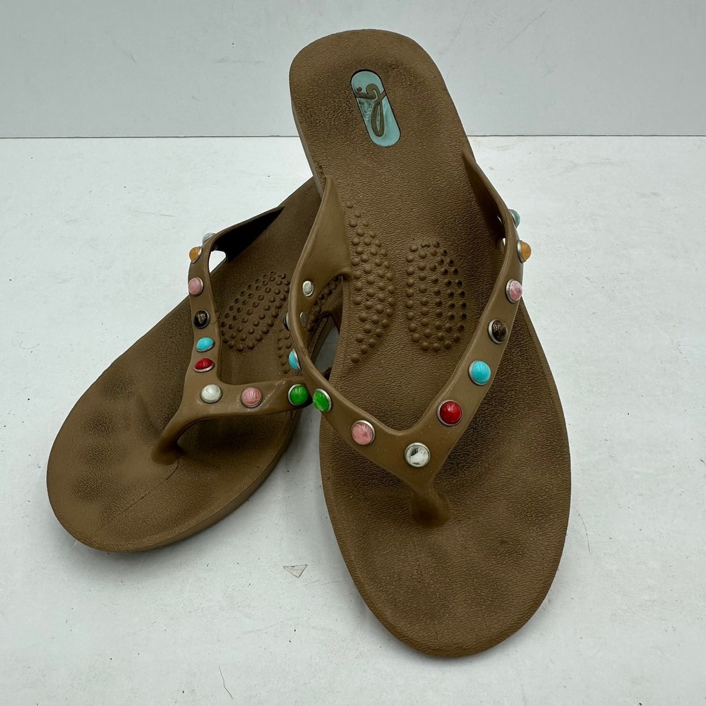 Oka B Womens Brown Studded Wedge Flip Flop Sandals Size S Made in USA 25036
